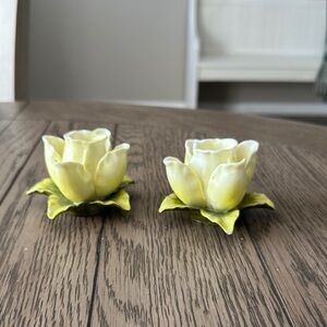 Pair of vintage Capodimonte Italian yellow rose candle holders